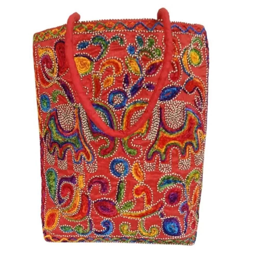 Craferia Export Multicolour Embroidery Jhola Handbag with Elephant printed